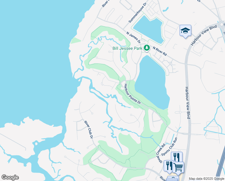 map of restaurants, bars, coffee shops, grocery stores, and more near 2022 Dock Landing Court in Suffolk