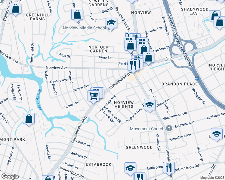 map of restaurants, bars, coffee shops, grocery stores, and more near 5910 Chesapeake Boulevard in Norfolk