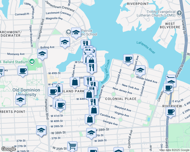 map of restaurants, bars, coffee shops, grocery stores, and more near 792 West 48th Street in Norfolk