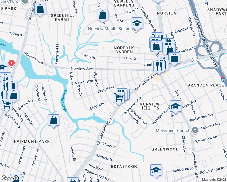 map of restaurants, bars, coffee shops, grocery stores, and more near 3746 Lenoir Circle in Norfolk