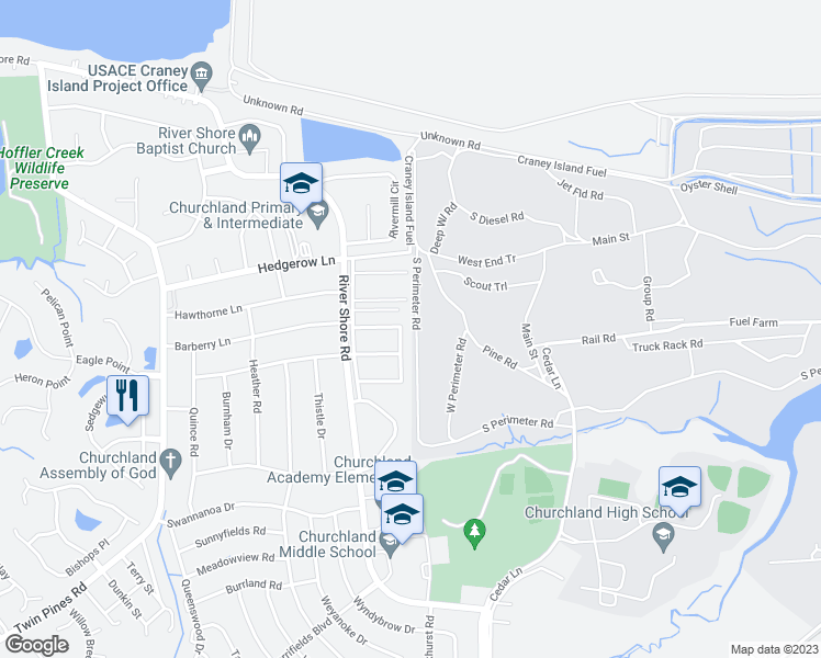 map of restaurants, bars, coffee shops, grocery stores, and more near 4253 Morgate Lane in Portsmouth