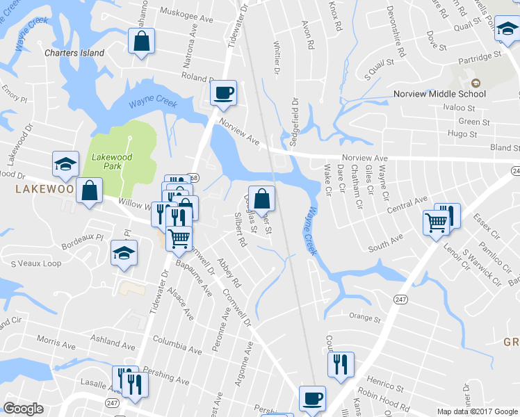 map of restaurants, bars, coffee shops, grocery stores, and more near 5433 Beckner Street in Norfolk