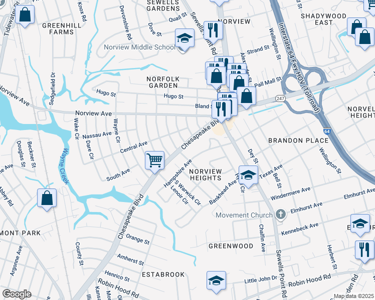map of restaurants, bars, coffee shops, grocery stores, and more near 5910 Chesapeake Boulevard in Norfolk