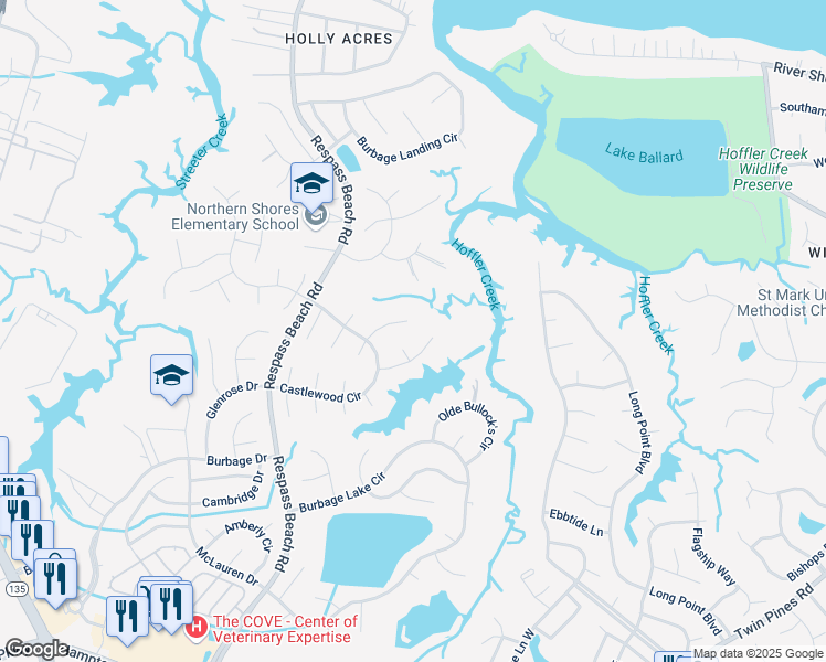 map of restaurants, bars, coffee shops, grocery stores, and more near 6312 Coachman Drive North in Suffolk