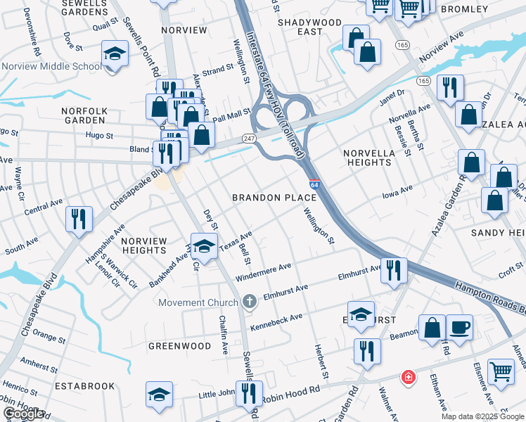 map of restaurants, bars, coffee shops, grocery stores, and more near 3517 Herbert St in Norfolk