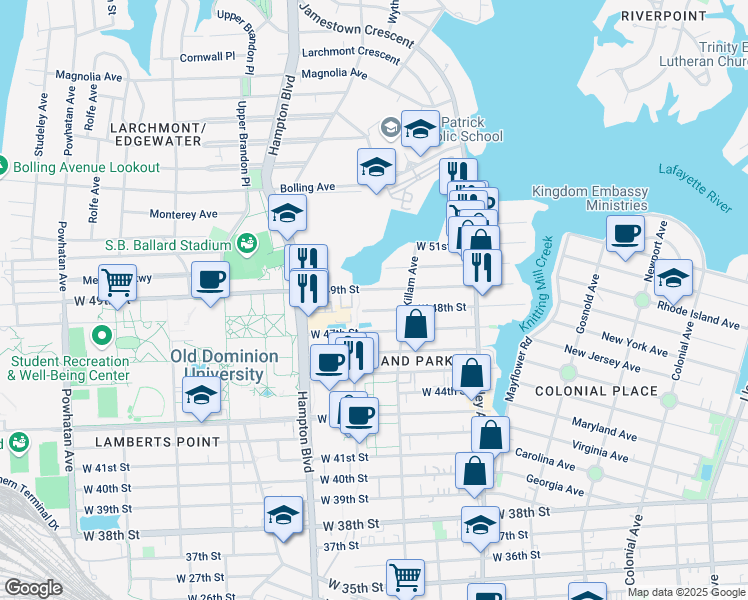 map of restaurants, bars, coffee shops, grocery stores, and more near 1023 West 49th Street in Norfolk