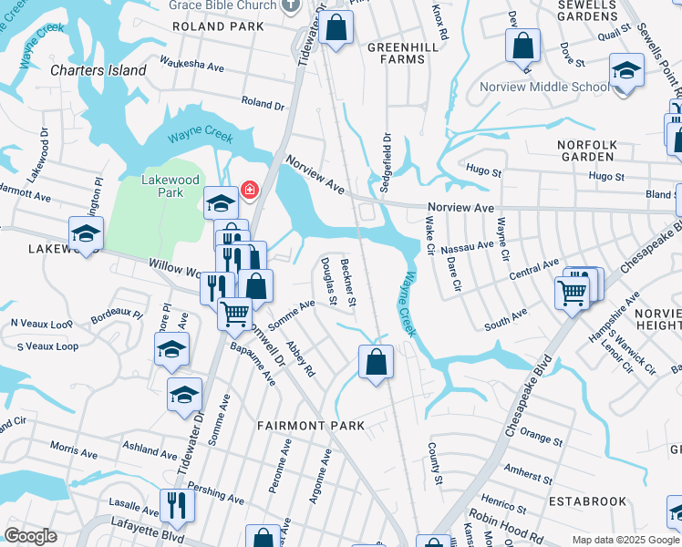 map of restaurants, bars, coffee shops, grocery stores, and more near 5433 Beckner Street in Norfolk