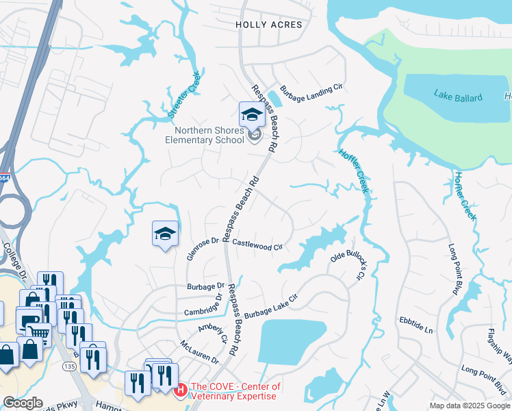 map of restaurants, bars, coffee shops, grocery stores, and more near 6205 Harewood Lane in Suffolk
