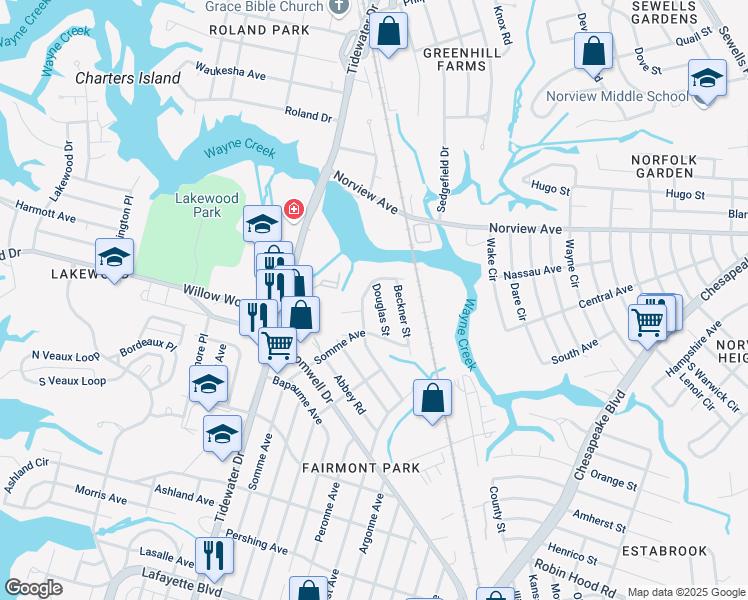 map of restaurants, bars, coffee shops, grocery stores, and more near 5440 Douglas Street in Norfolk