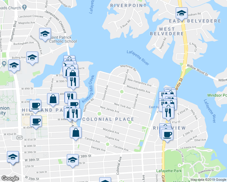map of restaurants, bars, coffee shops, grocery stores, and more near 615 Massachusetts Avenue in Norfolk