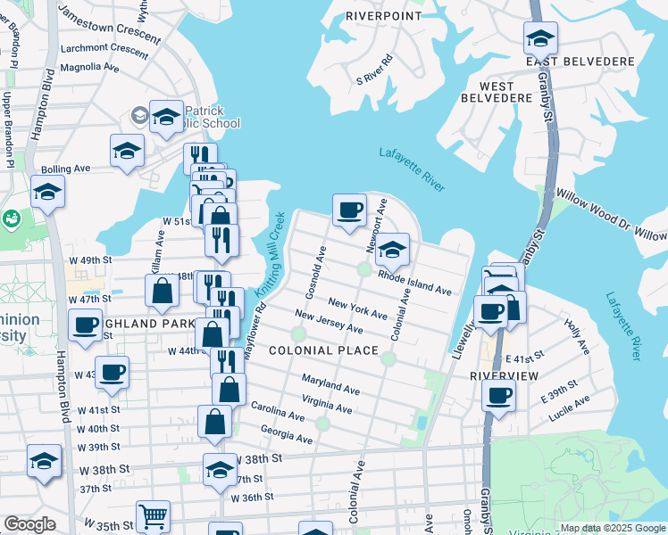 map of restaurants, bars, coffee shops, grocery stores, and more near 4900 Gosnold Avenue in Norfolk