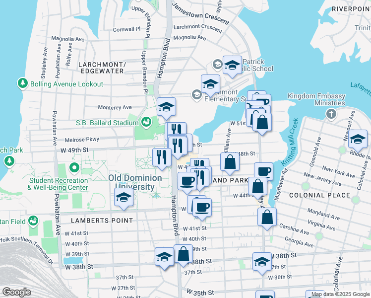 map of restaurants, bars, coffee shops, grocery stores, and more near 4902 Hampton Boulevard in Norfolk