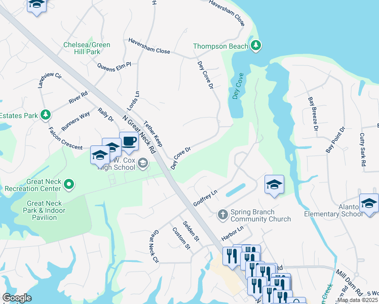 map of restaurants, bars, coffee shops, grocery stores, and more near 1624 Dey Cove Drive in Virginia Beach