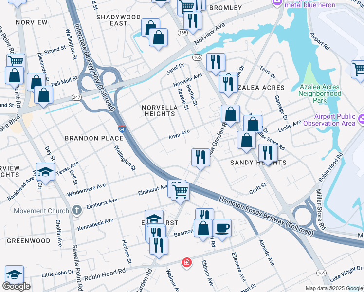 map of restaurants, bars, coffee shops, grocery stores, and more near 3443 Christopher Court in Norfolk