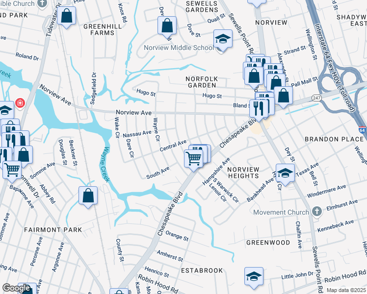 map of restaurants, bars, coffee shops, grocery stores, and more near 3752 Lenoir Circle in Norfolk