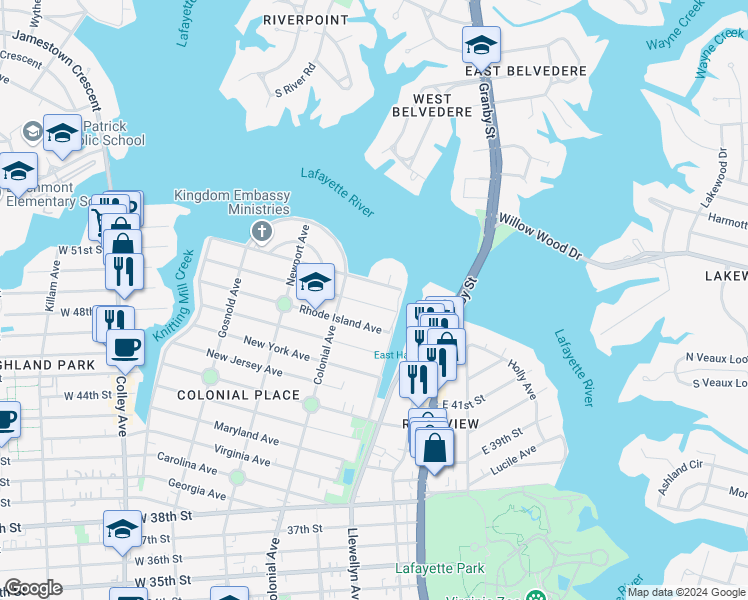 map of restaurants, bars, coffee shops, grocery stores, and more near 424 Massachusetts Avenue in Norfolk