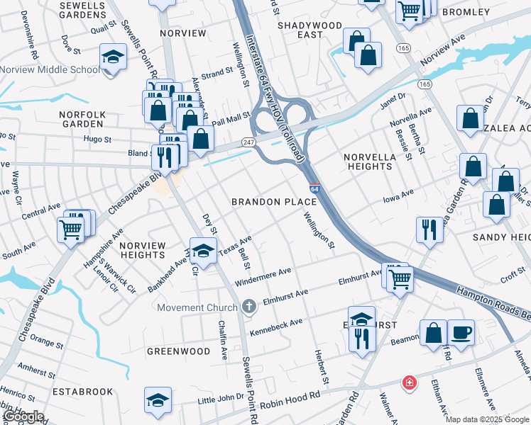 map of restaurants, bars, coffee shops, grocery stores, and more near 3517 Herbert St in Norfolk