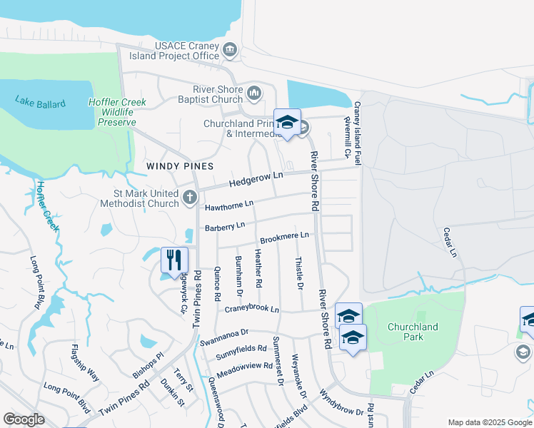 map of restaurants, bars, coffee shops, grocery stores, and more near 5728 Barberry Lane in Portsmouth