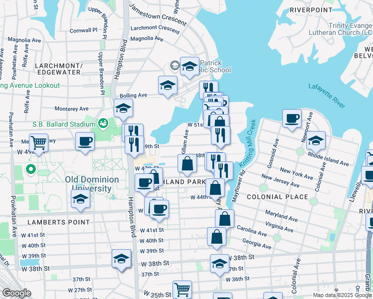 map of restaurants, bars, coffee shops, grocery stores, and more near 4810 Killam Avenue in Norfolk