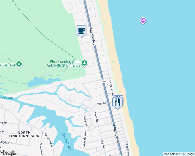 map of restaurants, bars, coffee shops, grocery stores, and more near 204 63rd Street in Virginia Beach