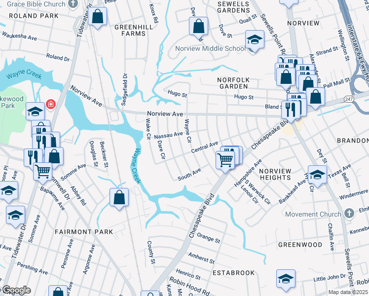 map of restaurants, bars, coffee shops, grocery stores, and more near 3824 Giles Circle in Norfolk