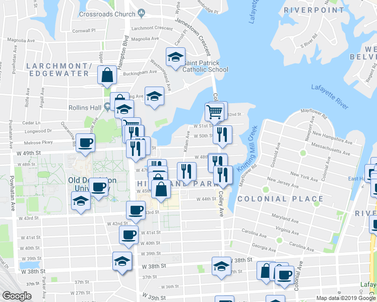 map of restaurants, bars, coffee shops, grocery stores, and more near 4902 Killam Avenue in Norfolk