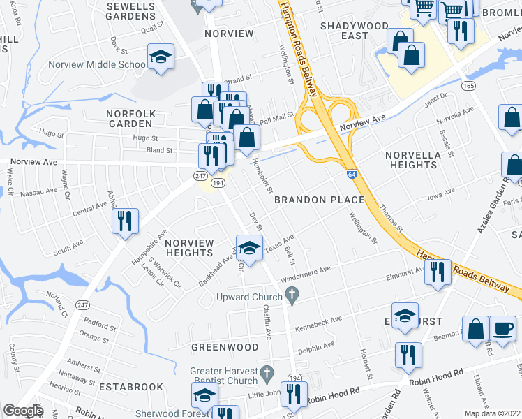 map of restaurants, bars, coffee shops, grocery stores, and more near 3611 Bell Street in Norfolk