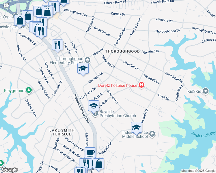 map of restaurants, bars, coffee shops, grocery stores, and more near 1409 Dunstan Lane in Virginia Beach
