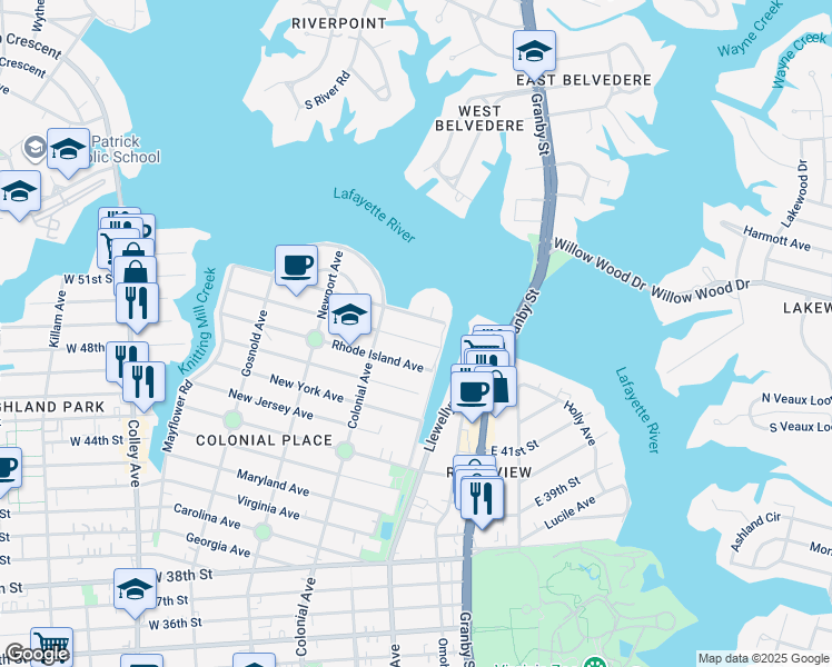 map of restaurants, bars, coffee shops, grocery stores, and more near 424 Massachusetts Avenue in Norfolk