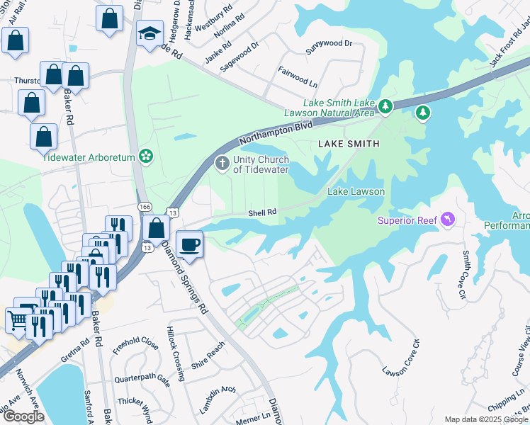 map of restaurants, bars, coffee shops, grocery stores, and more near 5531 Shell Road in Virginia Beach
