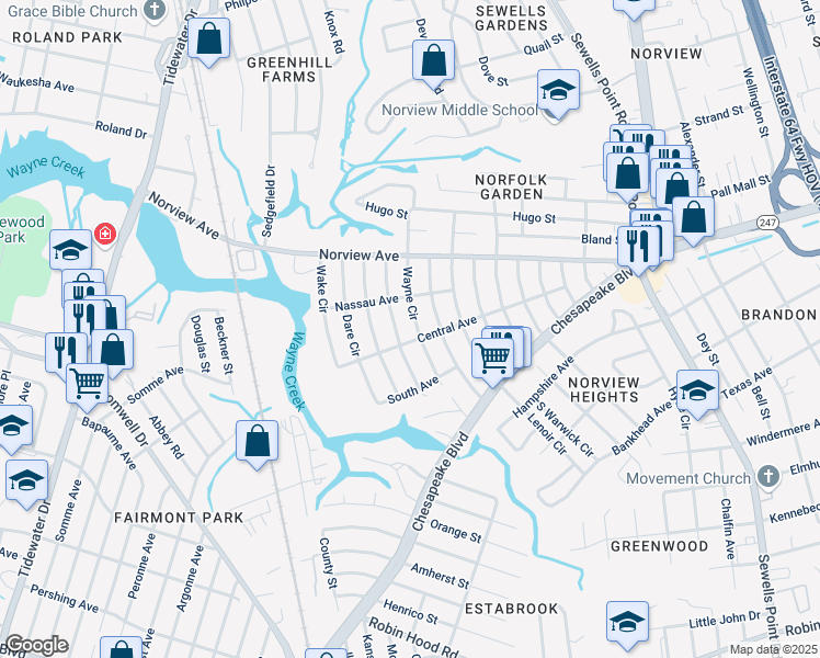 map of restaurants, bars, coffee shops, grocery stores, and more near 3824 Giles Circle in Norfolk