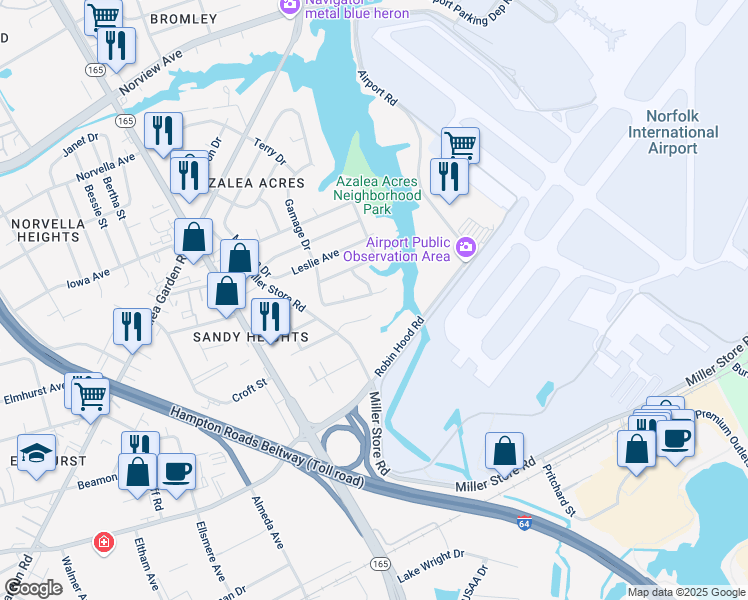map of restaurants, bars, coffee shops, grocery stores, and more near 3378 Finch Avenue in Norfolk
