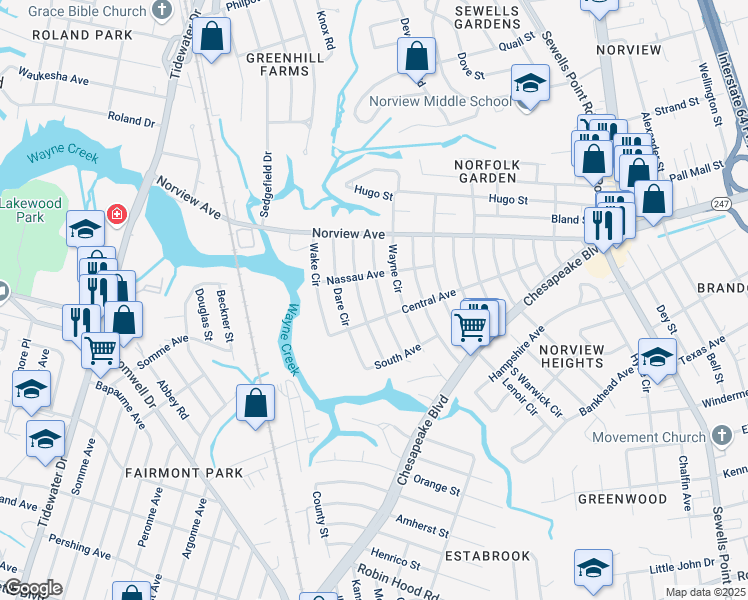 map of restaurants, bars, coffee shops, grocery stores, and more near 3824 Giles Circle in Norfolk