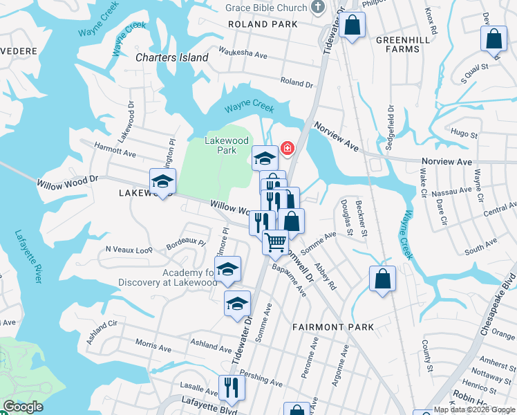 map of restaurants, bars, coffee shops, grocery stores, and more near 1738 Willow Wood Drive in Norfolk