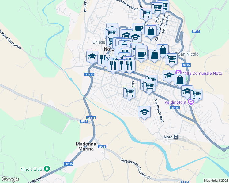 map of restaurants, bars, coffee shops, grocery stores, and more near Via Amerigo Vespucci in Noto