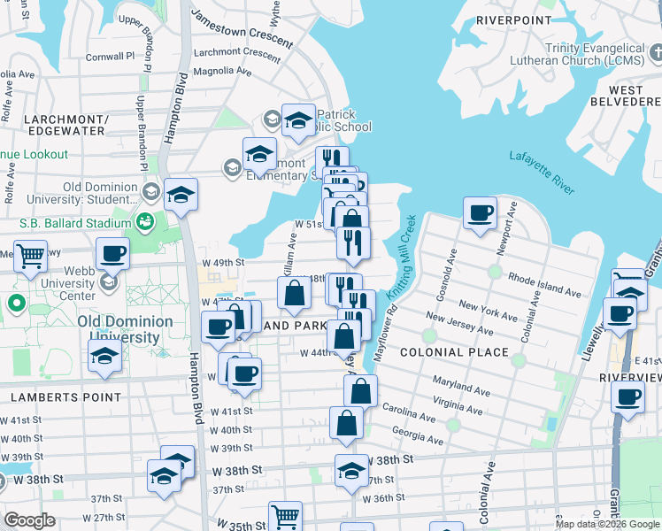 map of restaurants, bars, coffee shops, grocery stores, and more near 815 West 49th Street in Norfolk