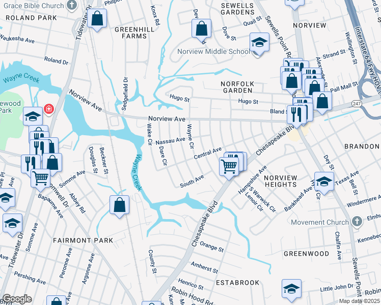 map of restaurants, bars, coffee shops, grocery stores, and more near 3824 Giles Circle in Norfolk