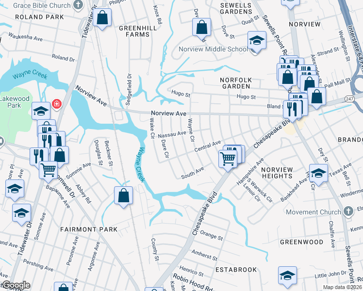 map of restaurants, bars, coffee shops, grocery stores, and more near 3824 Giles Circle in Norfolk