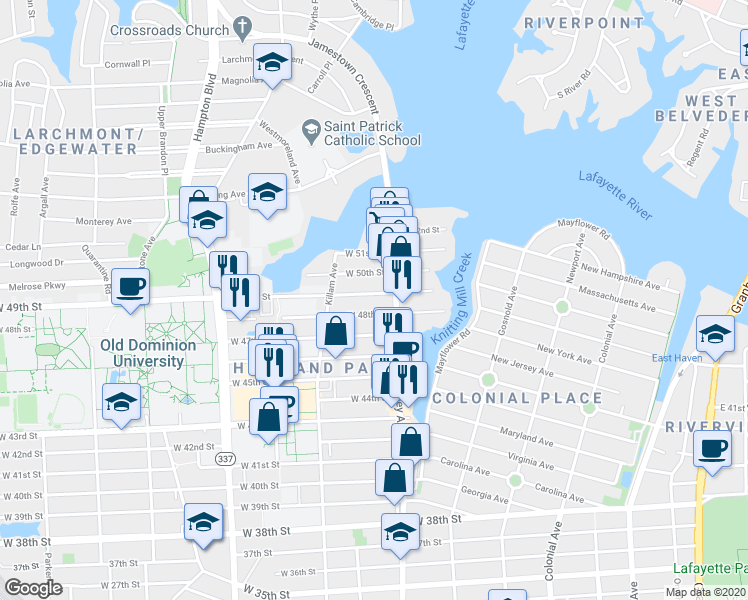 map of restaurants, bars, coffee shops, grocery stores, and more near 818 West 49th Street in Norfolk