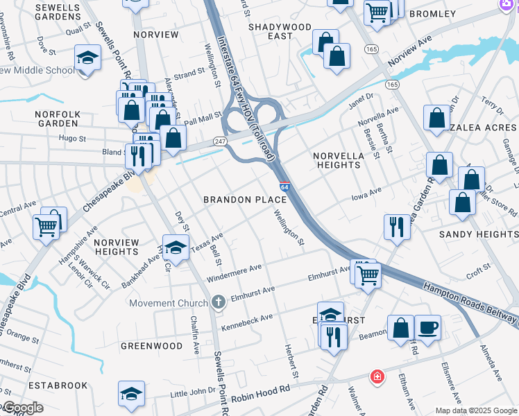 map of restaurants, bars, coffee shops, grocery stores, and more near 5122 Texas Avenue in Norfolk