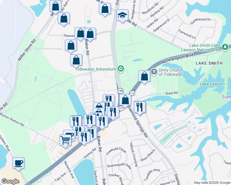 map of restaurants, bars, coffee shops, grocery stores, and more near 1333 Diamond Springs Road in Virginia Beach