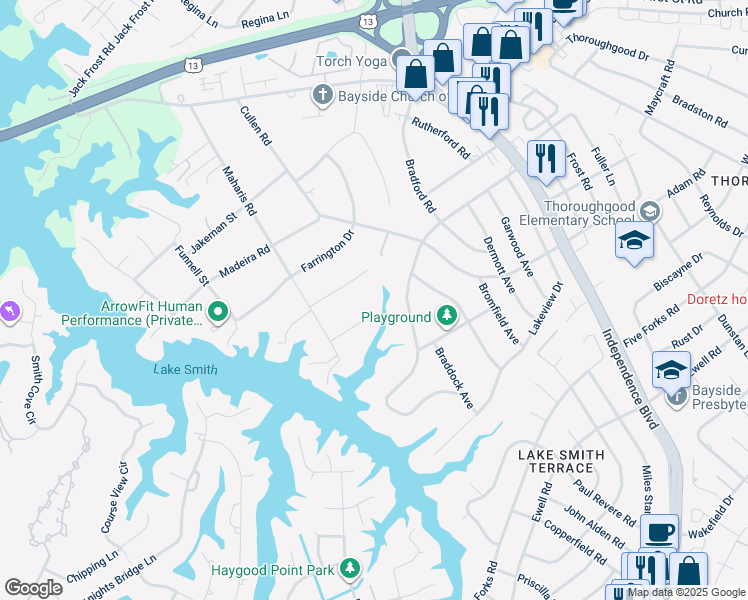 map of restaurants, bars, coffee shops, grocery stores, and more near 1409 Thornton Road in Virginia Beach