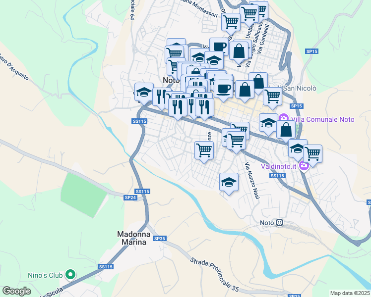 map of restaurants, bars, coffee shops, grocery stores, and more near 47 Via Amerigo Vespucci in Noto