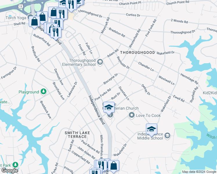 map of restaurants, bars, coffee shops, grocery stores, and more near 1469 5 Forks Road in Virginia Beach