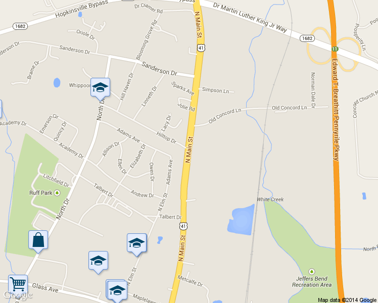 map of restaurants, bars, coffee shops, grocery stores, and more near 1098 North Main Street in Hopkinsville