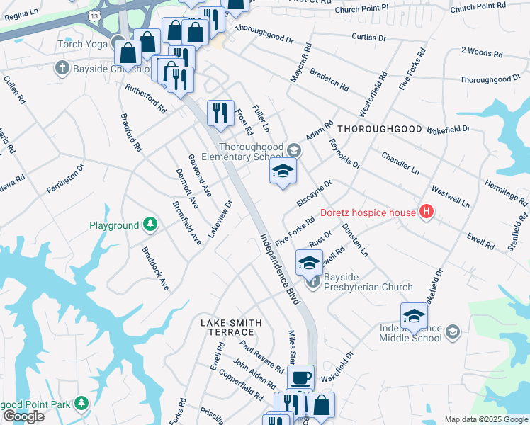 map of restaurants, bars, coffee shops, grocery stores, and more near 1450 Independence Boulevard in Virginia Beach