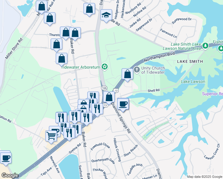 map of restaurants, bars, coffee shops, grocery stores, and more near 1300 Diamond Springs Road in Virginia Beach