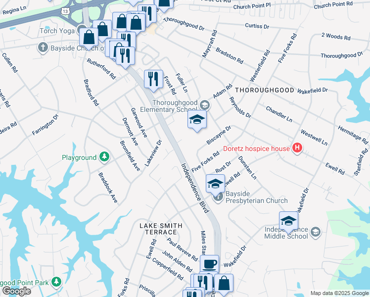 map of restaurants, bars, coffee shops, grocery stores, and more near 1450 Independence Boulevard in Virginia Beach