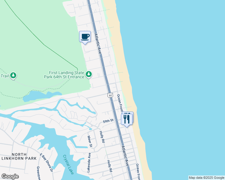 map of restaurants, bars, coffee shops, grocery stores, and more near 113 62nd Street in Virginia Beach