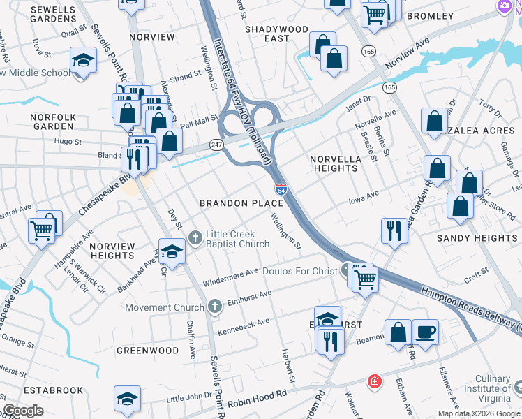 map of restaurants, bars, coffee shops, grocery stores, and more near 5122 Texas Avenue in Norfolk